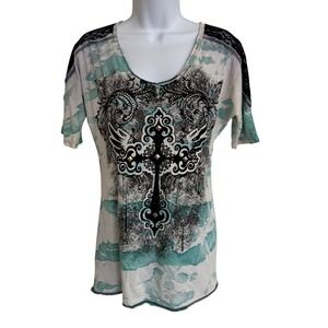 Vocal Womens Gothic Cross Rhinestone Lace Shoulder Top Teal White Tie Dye Medium
